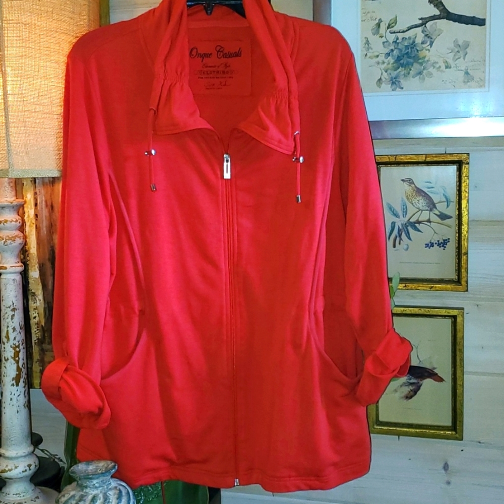 Onque Casuals red zip up jacket, soft, roll up sleeves, pockets